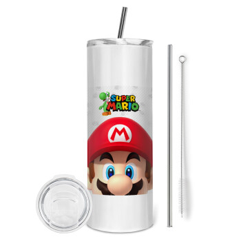 Super mario, Tumbler ποτήρι θερμό από ανοξείδωτο ατσάλι 600ml, με μεταλλικό καλαμάκι & βούρτσα καθαρισμού