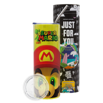 Super mario, Neon Yellow Travel Tumbler θερμό, μεταλλικό καλαμάκι(Ανωξείδωτο 304 Food grade, BPA free, 600ml)