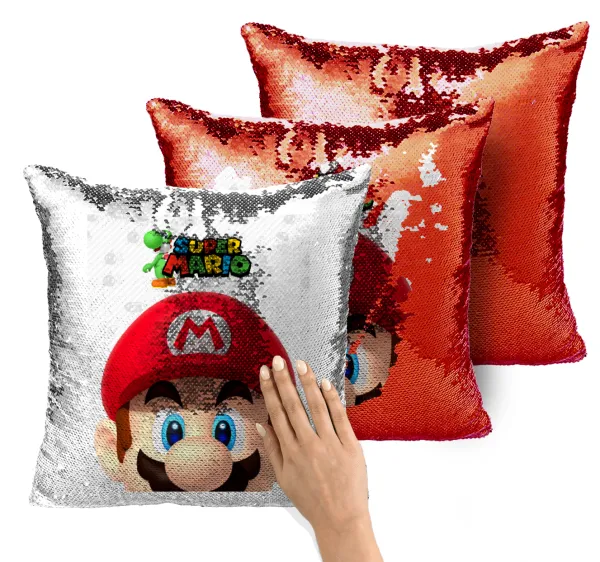 Super mario — Magic sofa cushion with red sequins, 40x40cm, filling included