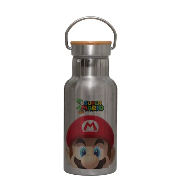 Super mario — Stainless steel metallic thermos flask, silver with a bamboo lid, double-walled, 350ml.