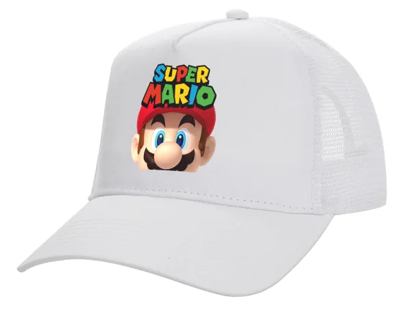 Super mario — Structured Trucker Adult Hat, with Mesh, WHITE (100% COTTON, ADULT, UNISEX, ONE SIZE)