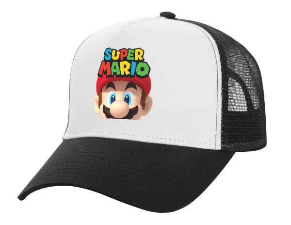 Super mario — Adult Structured Trucker Hat, with Mesh, WHITE/BLACK (100% COTTON, ADULT, UNISEX, ONE SIZE)