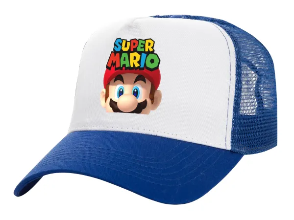 Super mario — Adult Structured Trucker Hat, with Mesh, WHITE/BLUE (100% COTTON, ADULT, UNISEX, ONE SIZE)