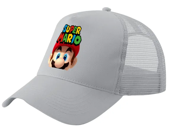 Super mario — Adult Structured Trucker Hat, with Mesh, GRAY (100% COTTON, ADULT, UNISEX, ONE SIZE)
