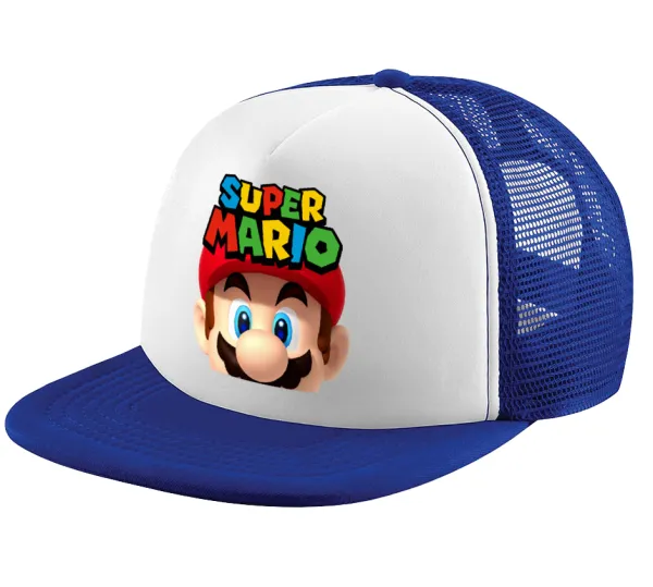 Super mario — Adult Soft Trucker Hat with Blue/White Mesh (POLYESTER, ADULT, UNISEX, ONE SIZE)
