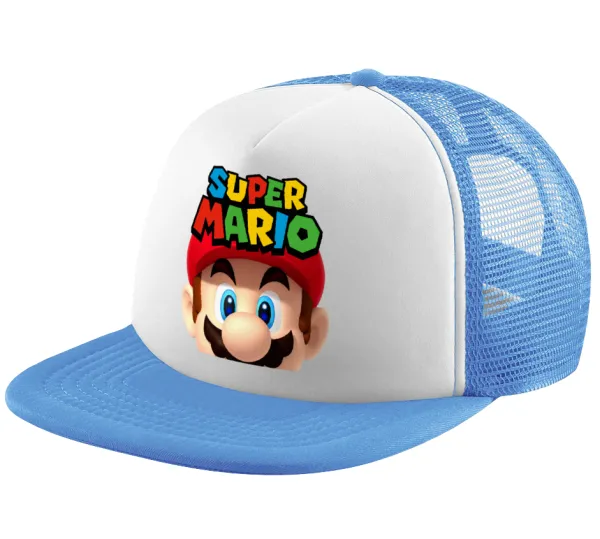 Super mario — Child's Soft Trucker Hat with Blue/White Mesh (POLYESTER, CHILD, ONE SIZE)