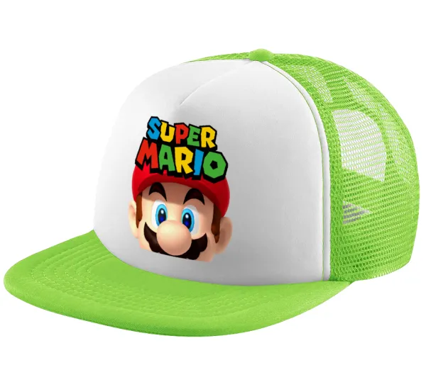 Super mario — Child's Soft Trucker Hat with Green/White Mesh (POLYESTER, CHILDREN'S, ONE SIZE)