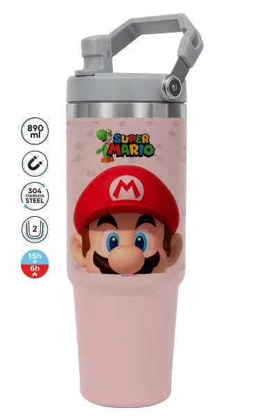 Super mario — ΡΟΖ Travel Tumbler Θερμός με χερούλι και καλαμάκι 890ml