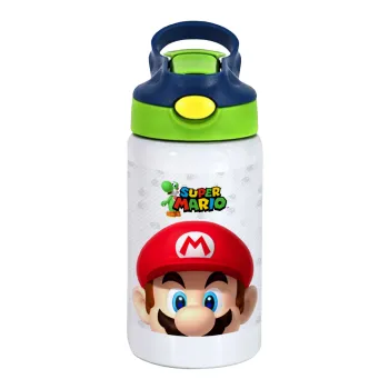 Super mario, Παιδικό παγούρι θερμό, ανοξείδωτο, με καλαμάκι ασφαλείας, πράσινο/μπλε (350ml)