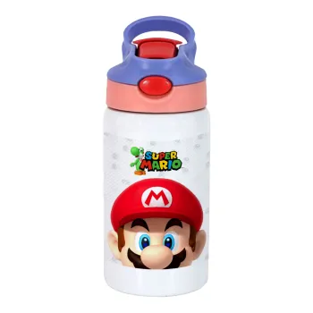 Super mario, Παιδικό παγούρι θερμό, ανοξείδωτο, με καλαμάκι ασφαλείας, ροζ/μωβ (350ml)