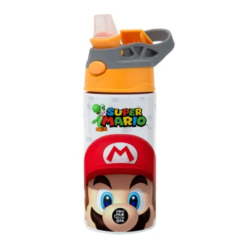 Super mario, Children's hot water bottle, stainless steel, with safety straw, Orange/Grey (360ml) BPA-FREE