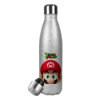 Super mario, Μεταλλικό παγούρι θερμός Glitter Aσημένιο (Stainless steel), διπλού τοιχώματος, 500ml