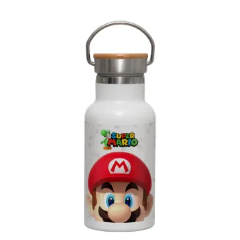 Super mario, Μεταλλικό παγούρι θερμός (Stainless steel) Λευκό με ξύλινο καπακι (bamboo), διπλού τοιχώματος, 350ml