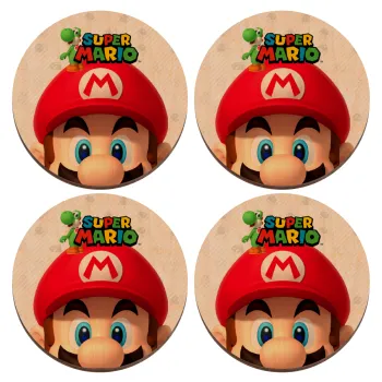 Super mario, ΣΕΤ x4 Σουβέρ ξύλινα στρογγυλά plywood (9cm)