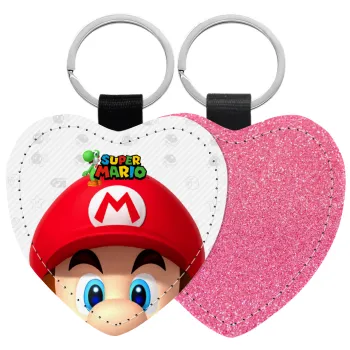 Super mario, Μπρελόκ PU δερμάτινο glitter καρδιά ΡΟΖ