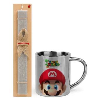 Super mario, Easter Set, metallic thermal cup (300ml) & Easter aromatic flat candle (30cm) (GRAY)