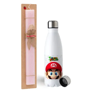 Super mario, Easter Set, metallic stainless steel water bottle (750ml) & scented flat Easter candle (30cm) (PINK)