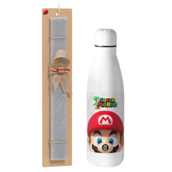 Super mario, Πασχαλινή Λαμπάδα με μεταλλικό παγούρι θερμός ανοξείδωτο (500ml) & κερί αρωματικό πλακέ (30cm) (ΓΚΡΙ)