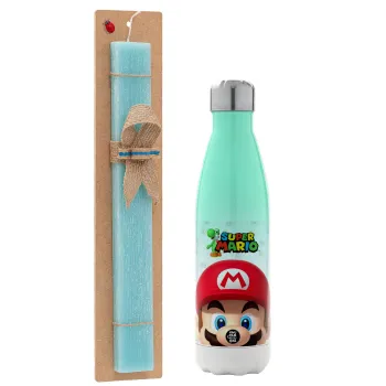 Super mario, Πασχαλινή Λαμπάδα με Μεταλλικό παγούρι θερμός Πράσινο/Λευκό (Stainless steel), διπλού τοιχώματος, 500ml & κερί αρωματικό πλακέ (30cm) (ΤΙΡΚΟΥΑΖ)