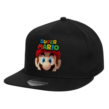 Super mario, Children's Flat Snapback Hat, Black (100% COTTON, CHILD, UNISEX, ONE SIZE)