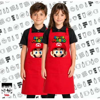 Super mario, Κόκκινη ΠΑΙΔΙΚΗ Ποδιά μακριά Σεφ ολόσωμη με τσέπες