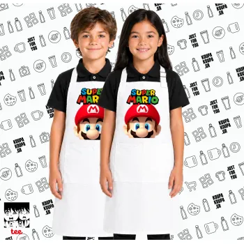 Super mario, Λευκή ΠΑΙΔΙΚΗ Ποδιά μακριά Σεφ ολόσωμη με τσέπες