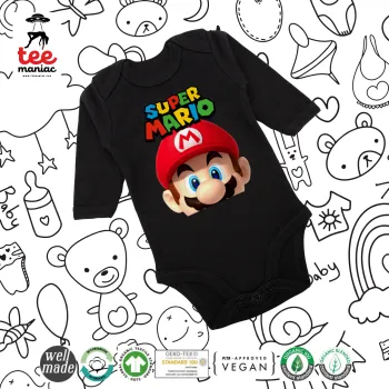 Super mario, Μακρυμάνικο βρεφικό φορμάκι, 0-18 μηνών, ΜΑΥΡΟ, 100% Organic Cotton