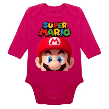 Super mario, Μακρυμάνικο βρεφικό φορμάκι, 0-18 μηνών, ΡΟΖ, 100% Organic Cotton