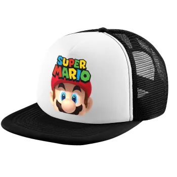 Super mario, Καπέλο παιδικό Soft Trucker με Δίχτυ ΜΑΥΡΟ/ΛΕΥΚΟ (POLYESTER, ΠΑΙΔΙΚΟ, ONE SIZE)