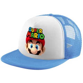 Super mario, Child's Soft Trucker Hat with Blue/White Mesh (POLYESTER, CHILD, ONE SIZE)