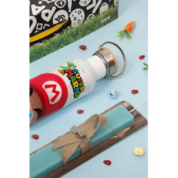 Super mario, Easter Set, metallic silver aluminum water bottle (500ml) & scented flat Easter candle (30cm) (TURQUOISE)