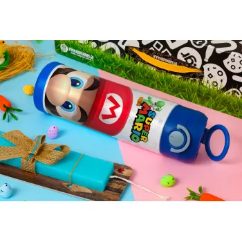 Super mario, Easter candle, Childrens hot water bottle, stainless steel, with safety straw, BLUE (500ml)