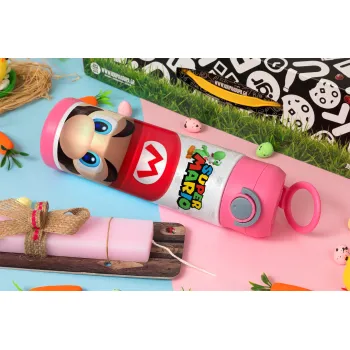 Super mario, Easter candle, Childrens hot water bottle, stainless steel, with safety straw, PINK (500ml)