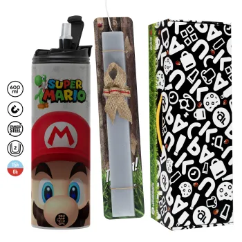 Super mario, Easter candle with Grey Tumbler Thermo 600ml & aromatic flat candle (30cm) (GREY)