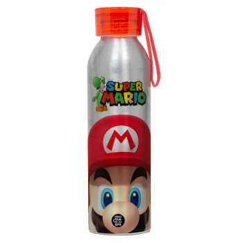 Super mario, Αλουμινένιο Αθλητικό Μπουκάλι 650ml – Ασημί με Κόκκινο Καπάκι και Λουράκι Σιλικόνης