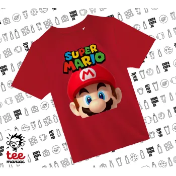 Super mario, Άνετο παιδικό T-Shirt ΚΟΚΚΙΝΟ από 100% βαμβάκι, για κάθε μέρα. Vegan & OEKO-TEX πιστοποιημένο.
