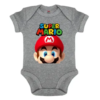 Super mario, Βρεφικό φορμάκι μωρού, 0-18 μηνών, ΓΚΡΙ ΜΕΛΑΝΖΕ, 100% Organic Cotton, κοντομάνικο