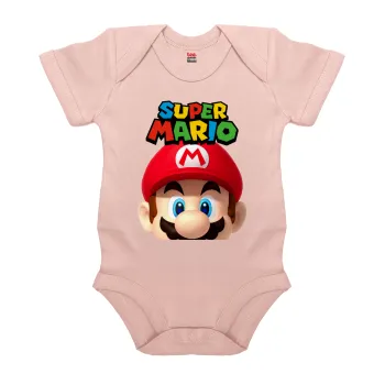 Super mario, Βρεφικό φορμάκι μωρού, 0-18 μηνών, ΡΟΖ POWDER, 100% Organic Cotton, κοντομάνικο
