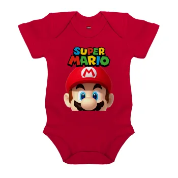 Super mario, Βρεφικό φορμάκι μωρού, ΚΟΚΚΙΝΟ, 100% Organic Cotton, κοντομάνικο