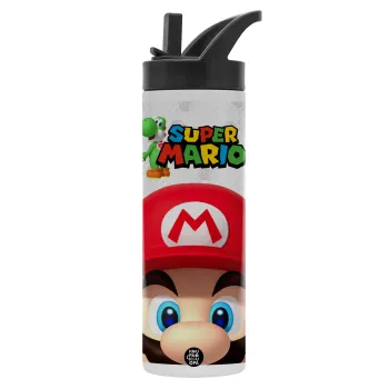 Super mario, Μεταλλικό παγούρι θερμός με καλαμάκι & χειρολαβή, ανοξείδωτο ατσάλι (Stainless steel 304), διπλού τοιχώματος, 600ml