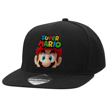 Super mario, Καπέλο Ενηλίκων Flat Snapback Μαύρο, (100% ΒΑΜΒΑΚΕΡΟ TWILL, ΕΝΗΛΙΚΩΝ, UNISEX, ONE SIZE)