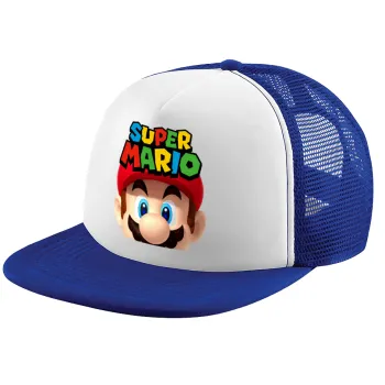 Super mario, Καπέλο Ενηλίκων Soft Trucker με Δίχτυ Blue/White (POLYESTER, ΕΝΗΛΙΚΩΝ, UNISEX, ONE SIZE)
