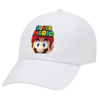 Super mario, Καπέλο Ενηλίκων Baseball Λευκό 5-φύλλο (POLYESTER, ΕΝΗΛΙΚΩΝ, UNISEX, ONE SIZE)