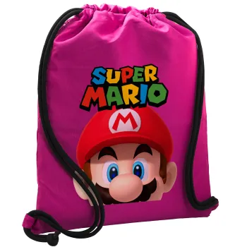 Super mario, Backpack pouch GYMBAG Fuchsia, with pocket (40x48cm) & thick cords