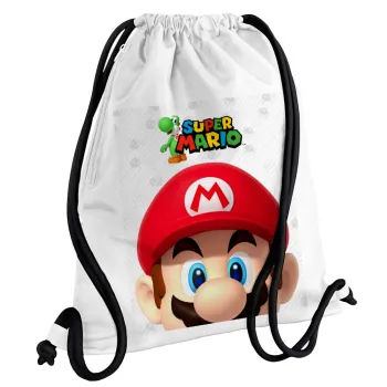 Super mario, Τσάντα πλάτης πουγκί GYMBAG λευκή, με τσέπη (40x48cm) & χονδρά κορδόνια