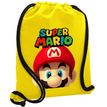 Super mario, Τσάντα πλάτης πουγκί GYMBAG Κίτρινη, με τσέπη (40x48cm) & χονδρά κορδόνια