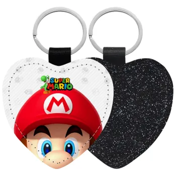 Super mario, Μπρελόκ PU δερμάτινο glitter καρδιά ΜΑΥΡΟ