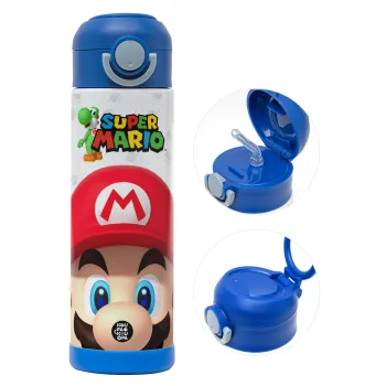 Super mario, Children's hot water bottle, stainless steel, with safety straw, BLUE (500ml)