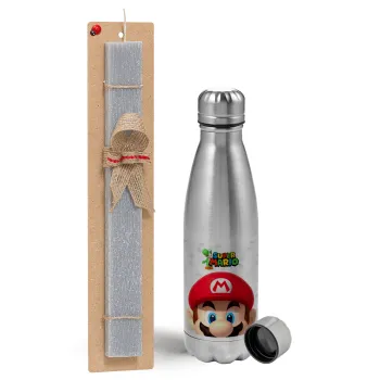 Super mario, Easter Set, metallic Inox water bottle (750ml) & aromatic flat Easter candle (30cm) (GRAY)