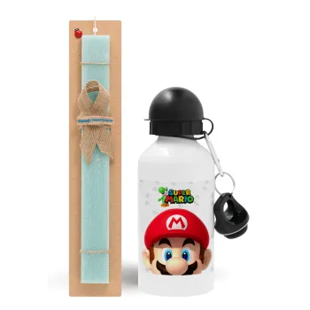 Super mario, Easter Set, metallic aluminum water bottle (500ml) & scented flat candle (30cm) (TURQUOISE)
